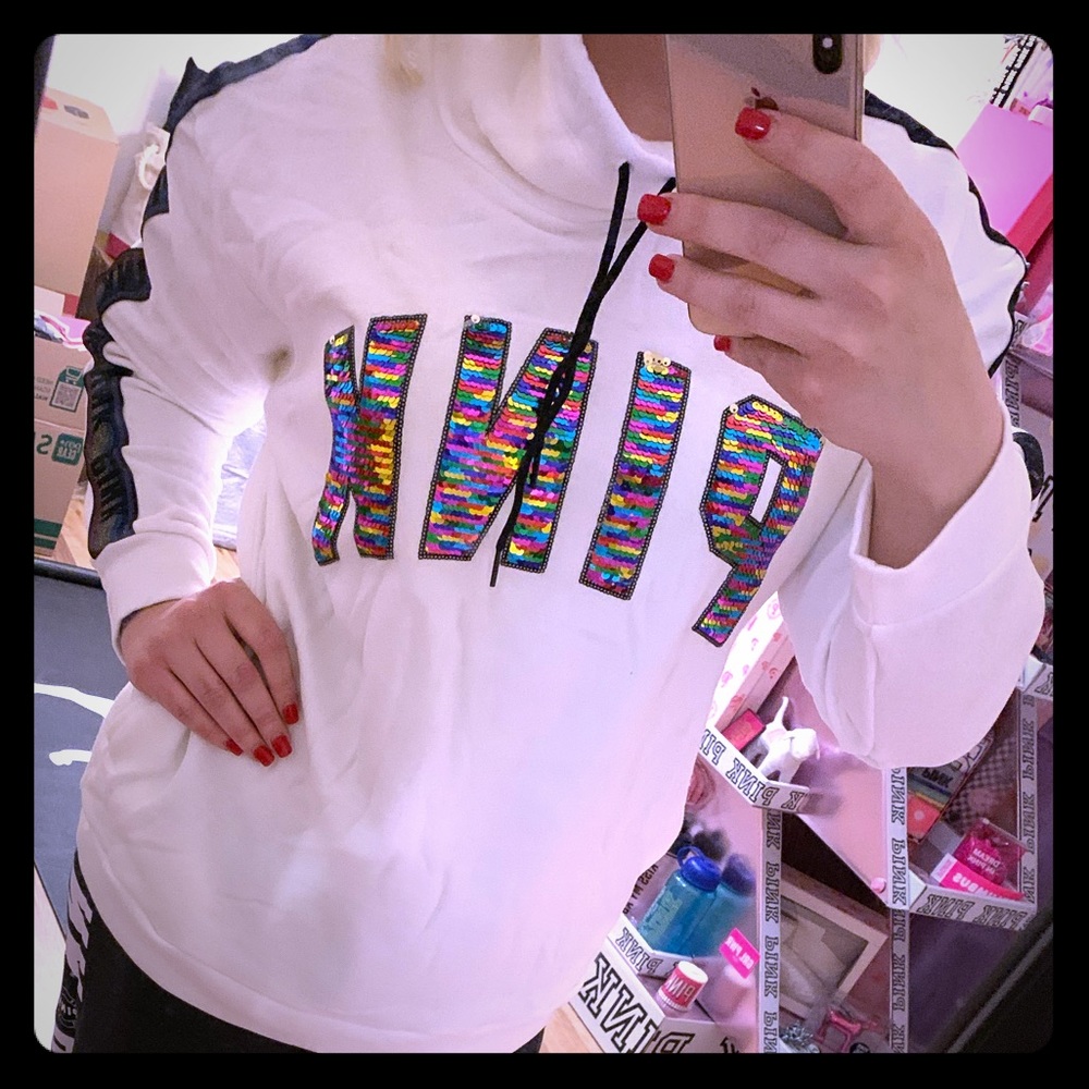 PINK Victoria's Secret White Sweater with Multicolor Logo